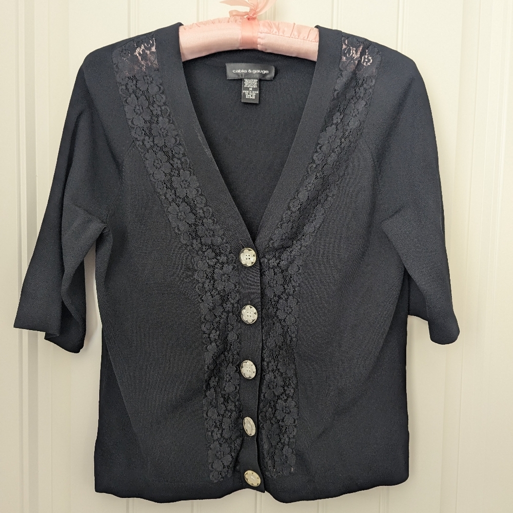 Cable and Gauge Lace Knit Cardigan with Flower Buttons